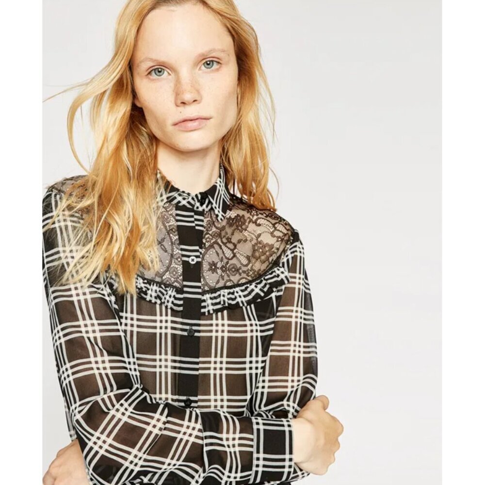 Kooples Sport Checked button down top with lace inset